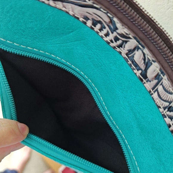 Women's Blue Cross Body Bag With Rhinestone Crosses - Picture 3 of 5